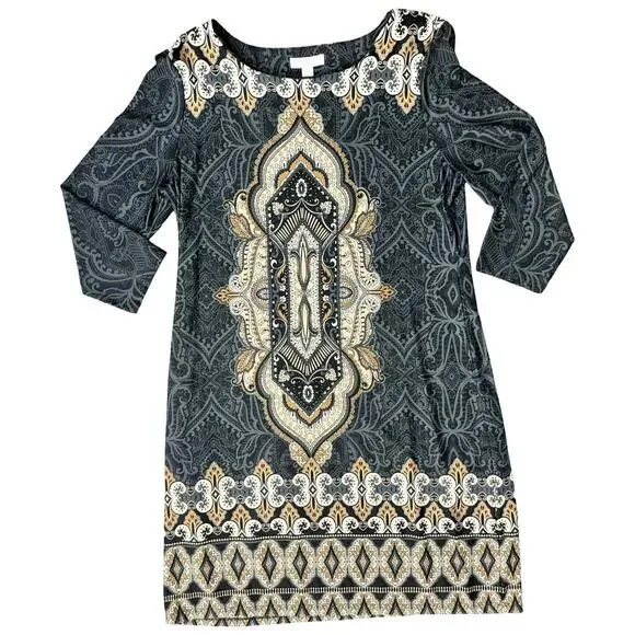 Charter Club Gray Brown Cream Filigree 3/4 Sleeve Sheath Dress Petite size L PL - Picture 8 of 9